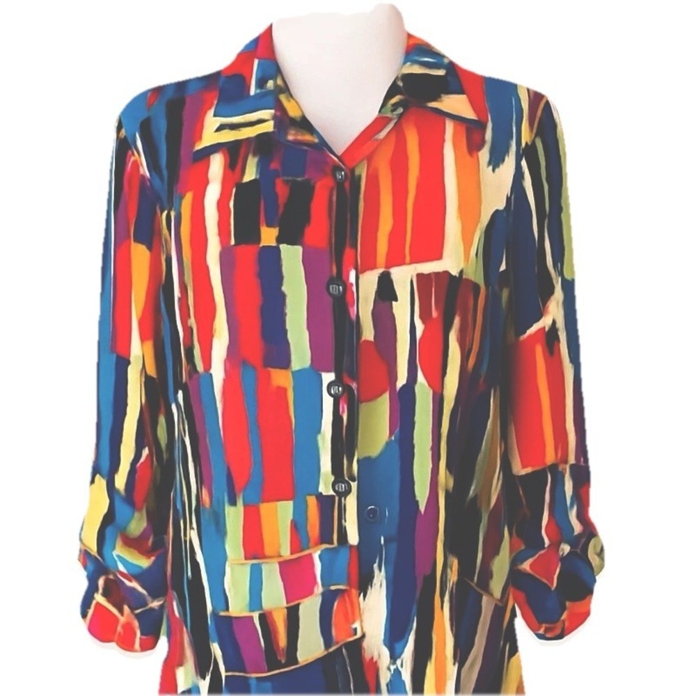 Multiples Button Up‎ Blouse Colorful  Multicolor Medium Washable Long Sleeve
